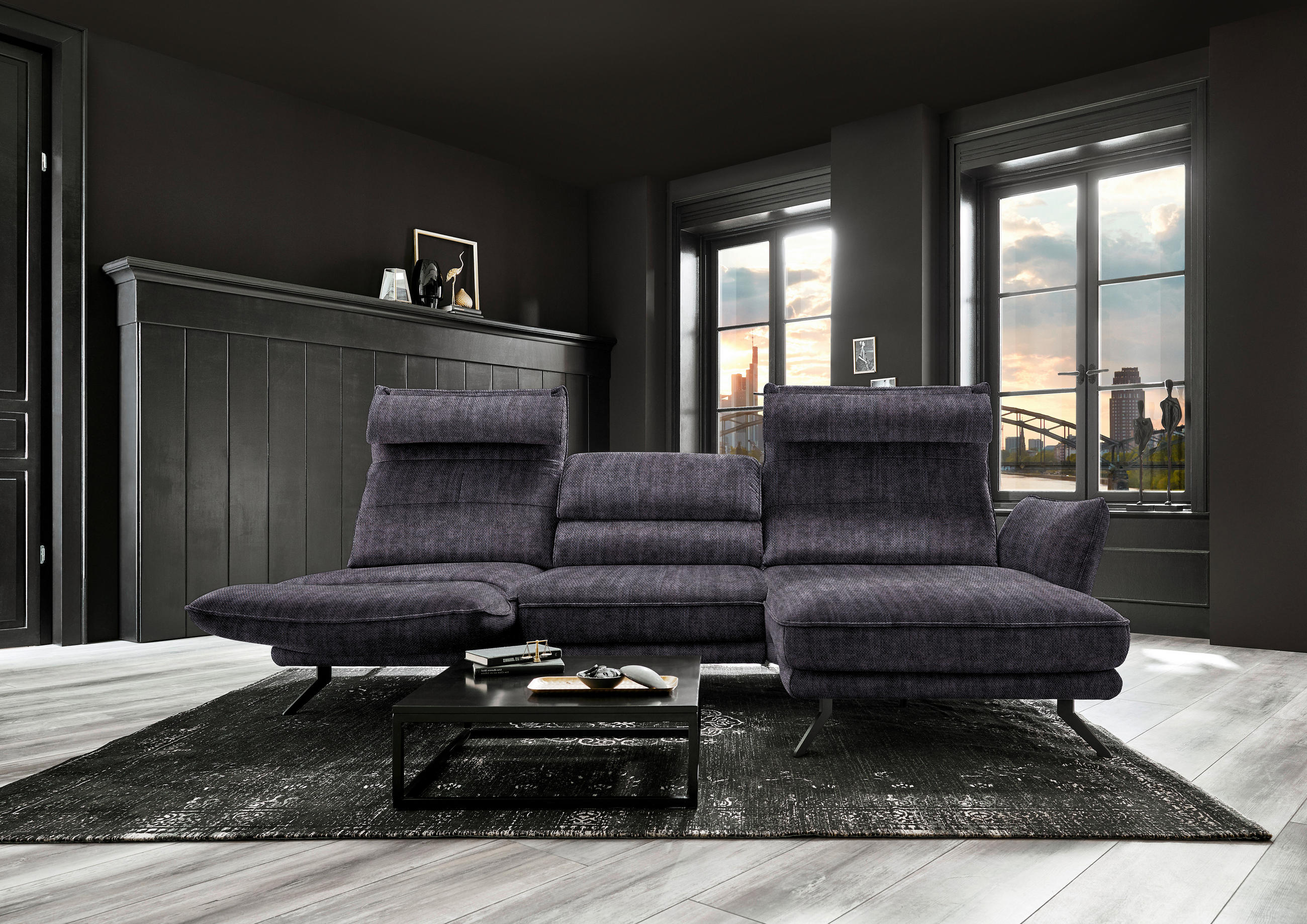 ECKSOFA in Velours Anthrazit  283/153 cm  - Anthrazit/Schwarz, Design, Textil/Metall (283/153cm) - Valdera