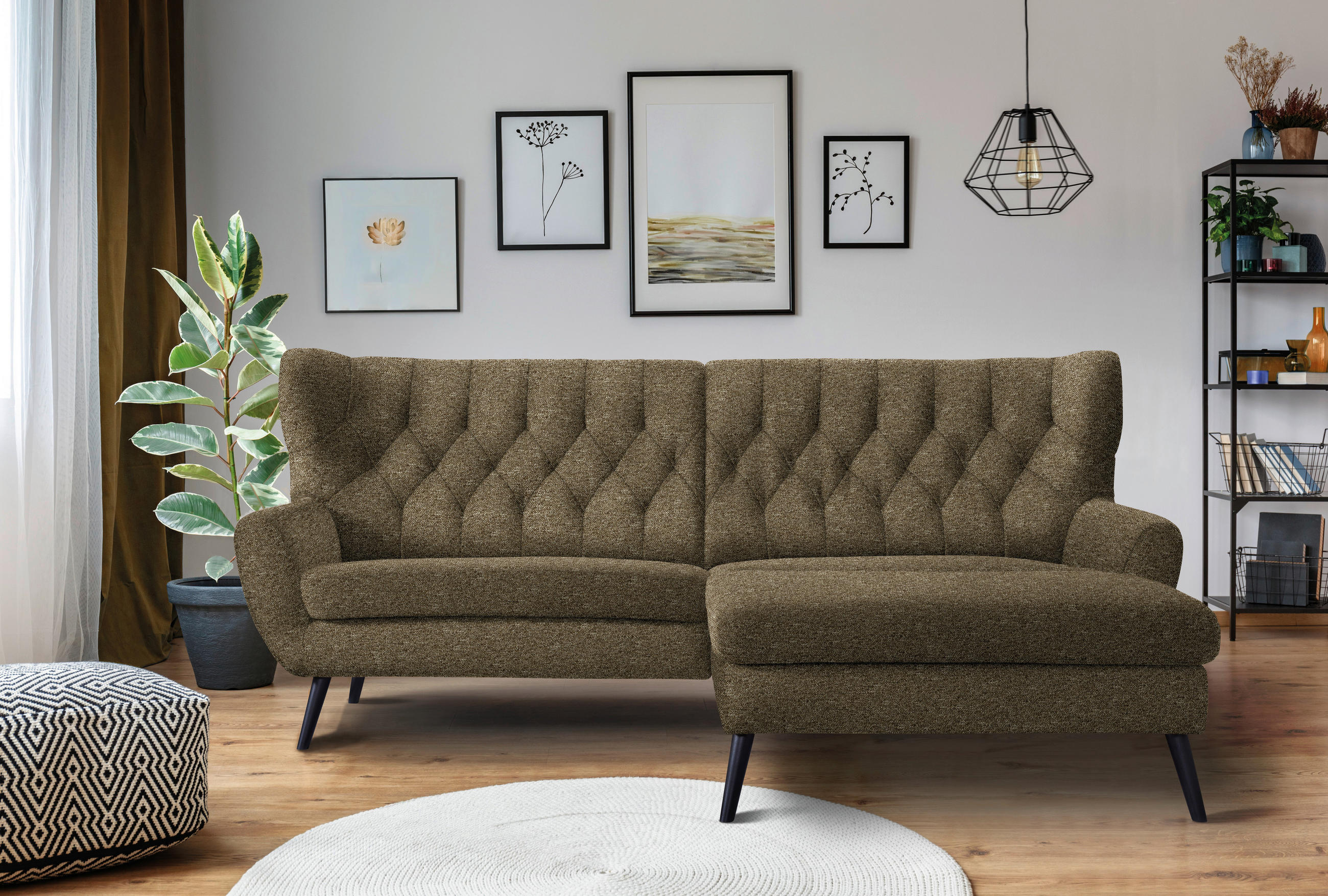 ECKSOFA in Flachgewebe Olivgrün  - Schwarz/Olivgrün, Design, Holz/Textil (237/165cm) - Stylife
