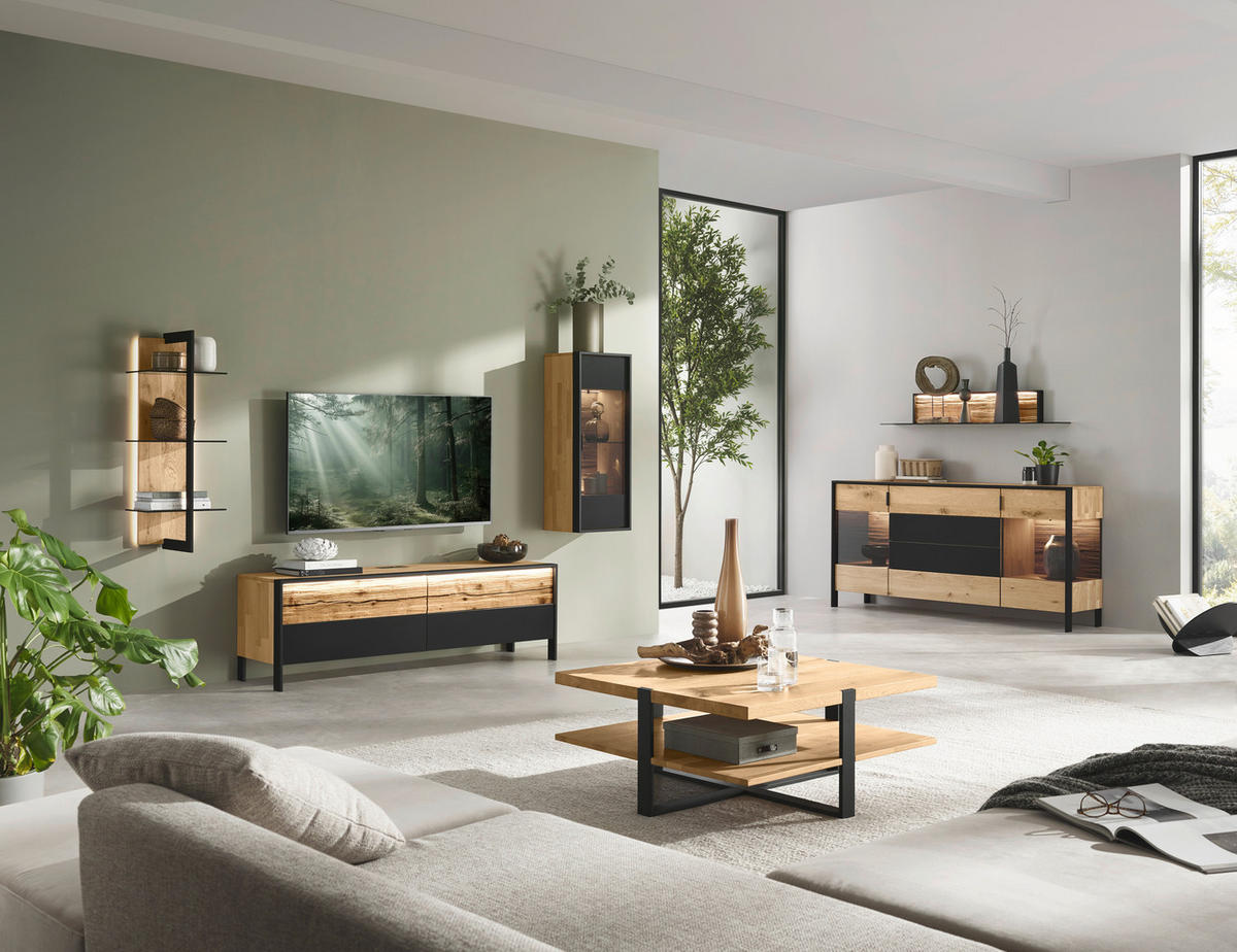 HÄNGEVITRINE in Graphitfarben, Eichefarben   - Eichefarben/Graphitfarben, Natur, Glas/Holz (38,4/115,2/33cm) - Valdera