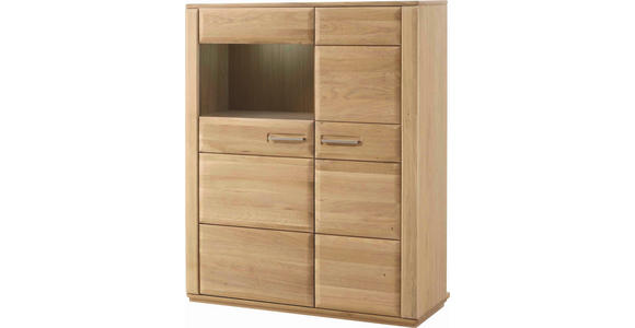 HIGHBOARD  in 107/131/38 cm  - Edelstahlfarben/Eichefarben, KONVENTIONELL, Glas/Holz (107/131/38cm) - Novel