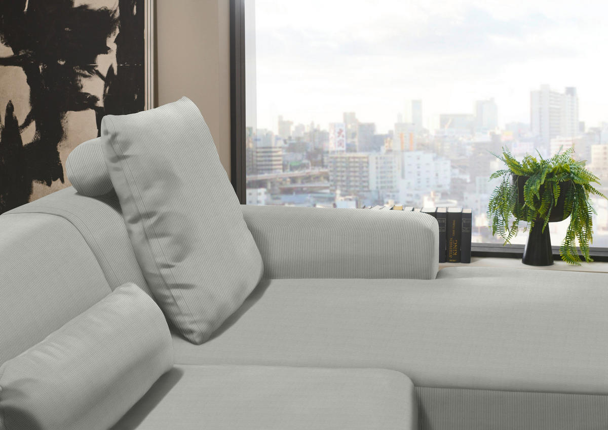 ECKSOFA Hellgrau Feincord  - Hellgrau/Schwarz, Design, Kunststoff/Textil (301/177cm) - Beldomo Style