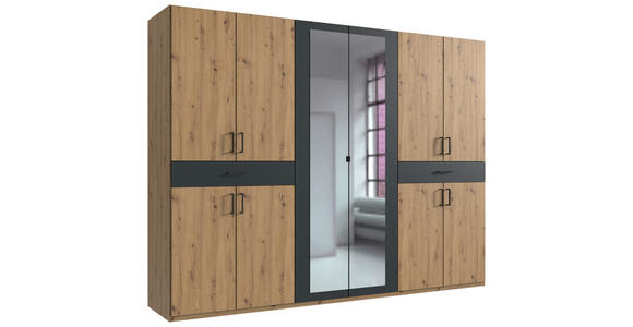 DREHTÜRENSCHRANK in Eiche Artisan, Graphitfarben - Schwarz/Graphitfarben, KONVENTIONELL, Glas/Holzwerkstoff (270/208/58cm) - Carryhome