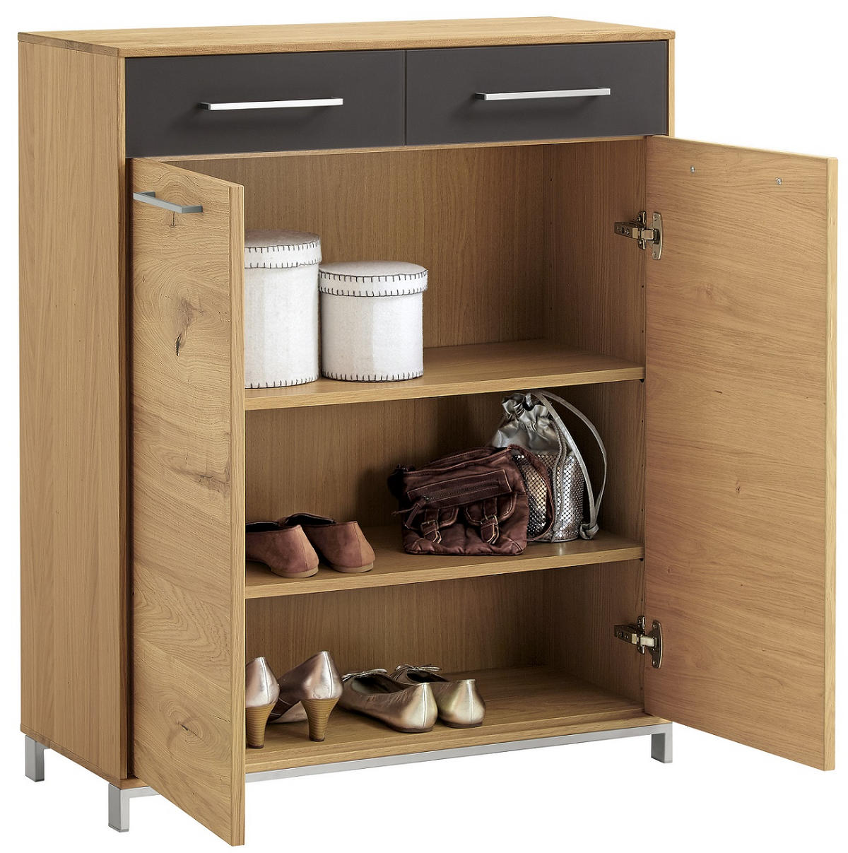 KOMMODE 86/105/37 cm  in Anthrazit, Eichefarben  - Edelstahlfarben/Eichefarben, Design, Glas/Holz (86/105/37cm)