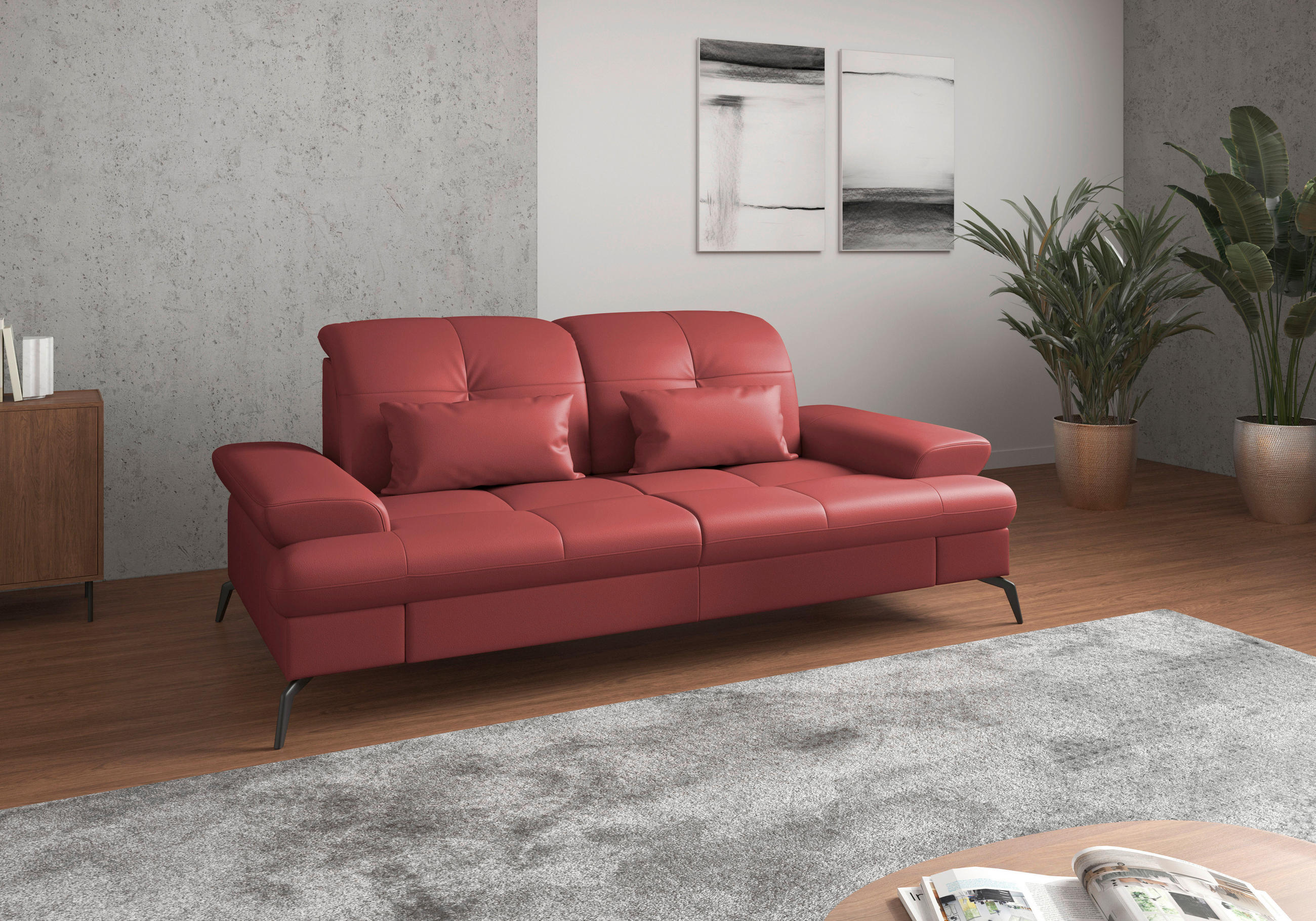 3-SITZER-SOFA  in Vliesstoff Kombination Echtleder/Stoff Rot  - Rot/Schwarz, KONVENTIONELL, Leder/Textil (212/90/122cm) - Sit & More