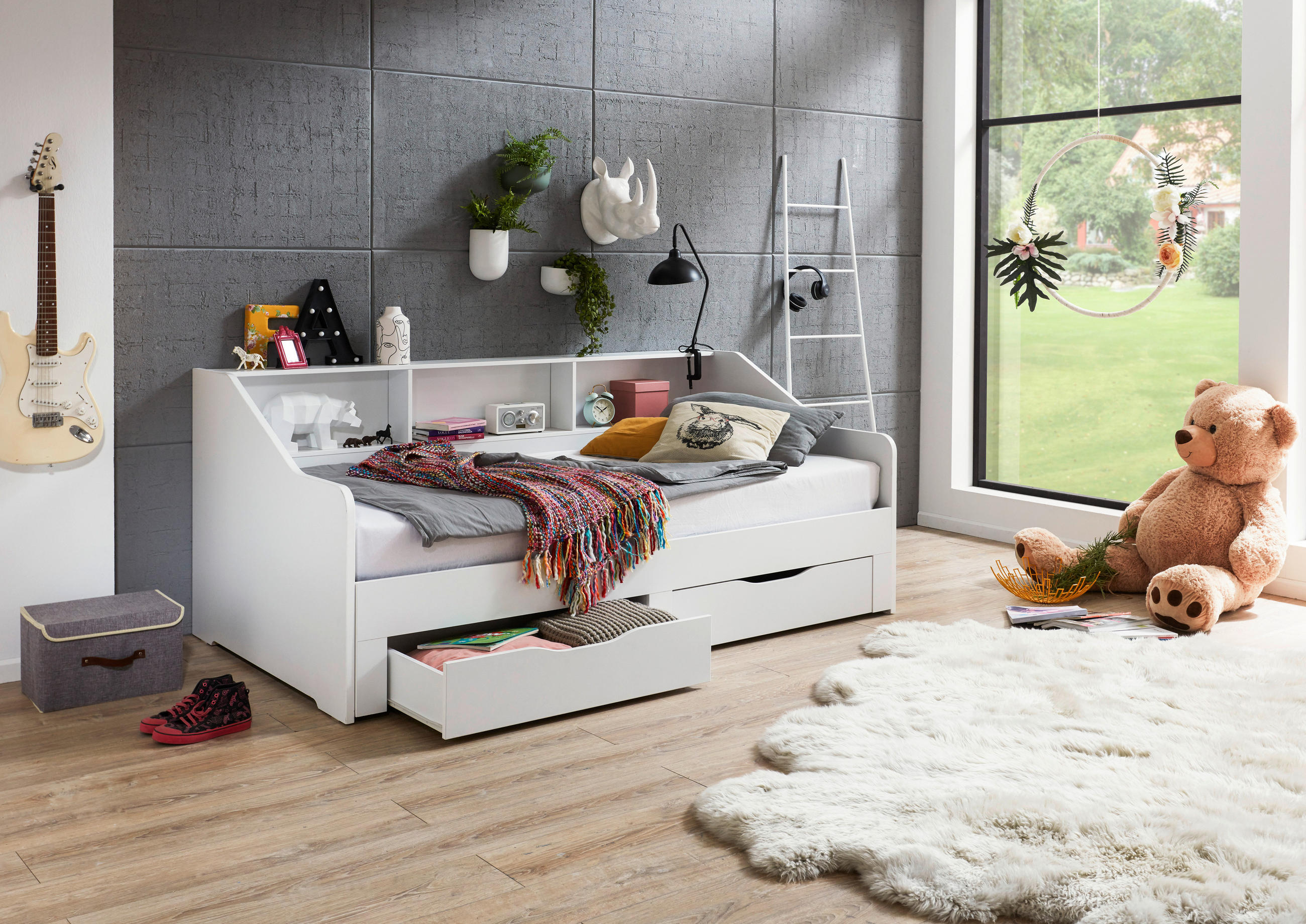 KIHÚZHATÓ ÁGY - bükkszínű/fehér, Konventionell, faalapú anyag (90-180/200cm) - Xora