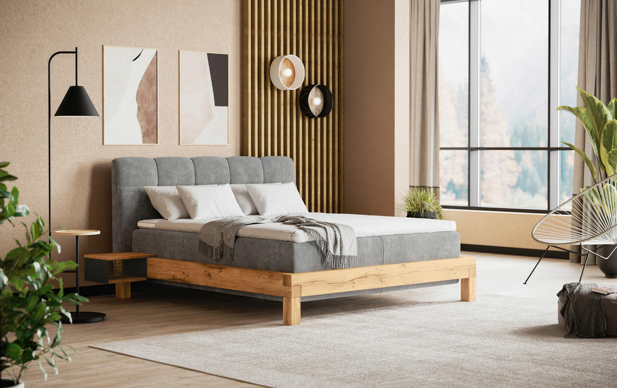 BOXSPRINGBETT 160/200 cm  in Hellgrau  - Buchefarben/Hellgrau, Natur, Holz/Textil (160/200cm) - Livetastic