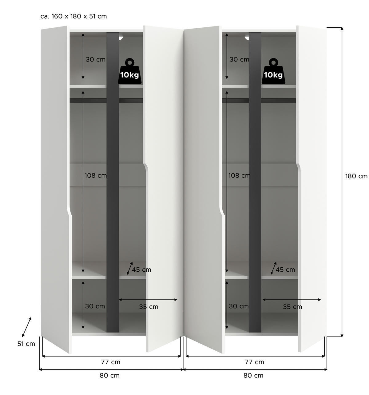DREHTÜRENSCHRANK  in Weiß  - Weiß, MODERN, Holzwerkstoff (160/180/51cm) - MID.YOU