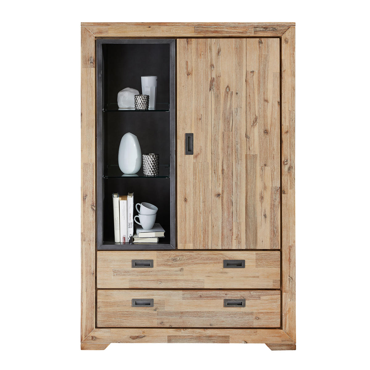 FÉLMAGAS SZEKRÉNY 105/160/45 cm  - akáciaszínű/sötétszürke, Lifestyle, faalapú anyag/Üveg (105/160/45cm) - Landscape