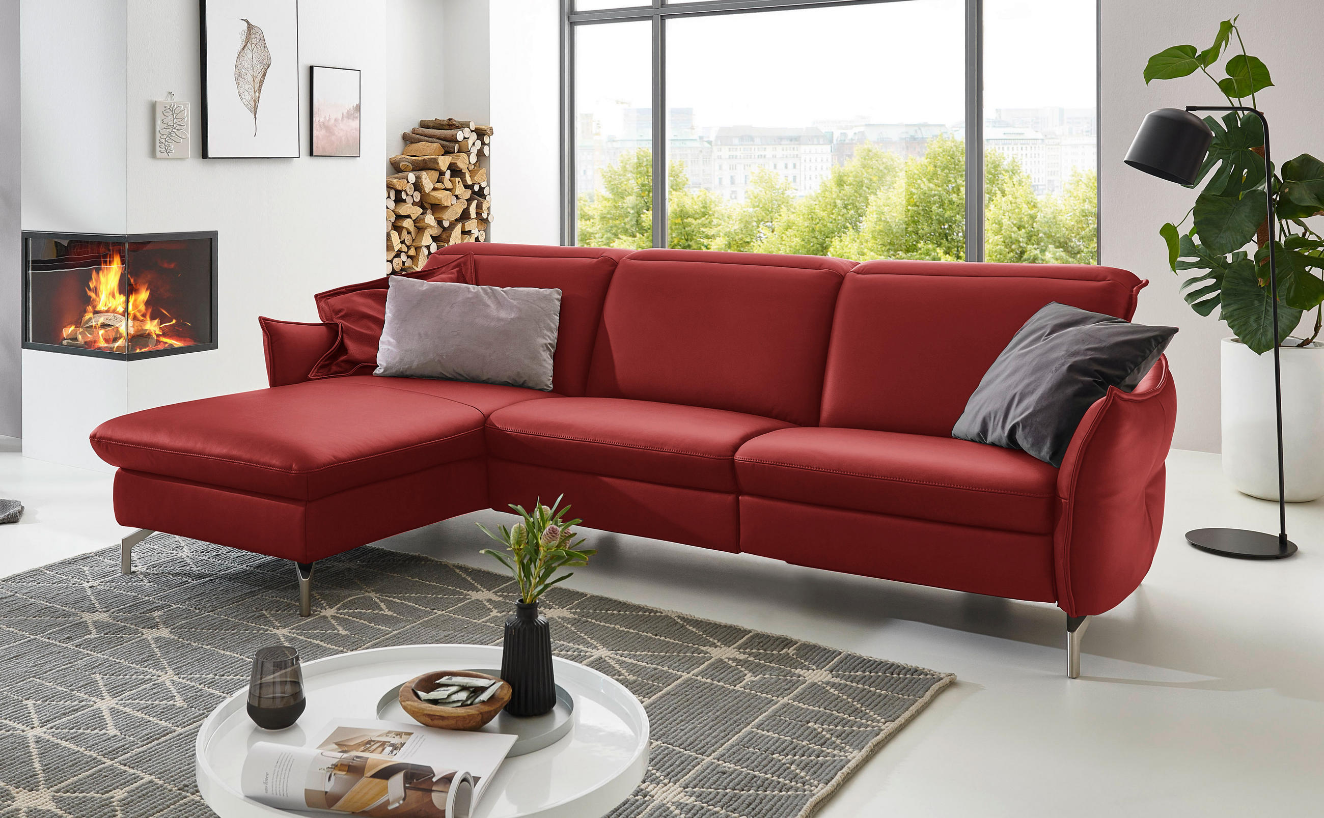 ECKSOFA in Echtleder Rot  - Rot/Nickelfarben, Modern, Leder/Metall (179/263cm) - Livetastic
