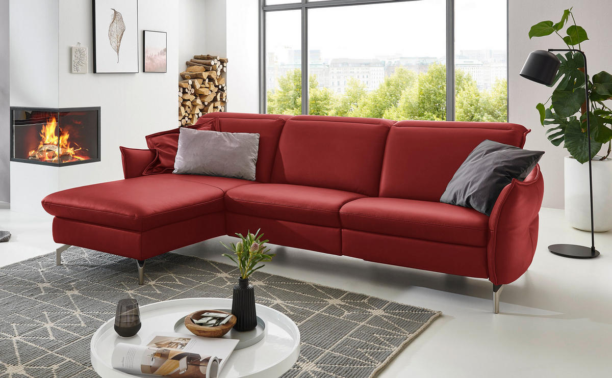 ECKSOFA in Echtleder Rot  - Rot/Nickelfarben, Modern, Leder/Metall (179/233cm) - Livetastic