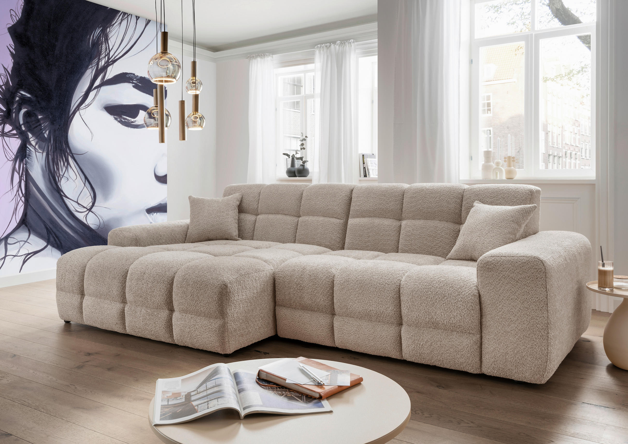ECKSOFA in Bouclé Beige  - Beige/Schwarz, Modern, Kunststoff/Textil (152/301cm) - Livetastic