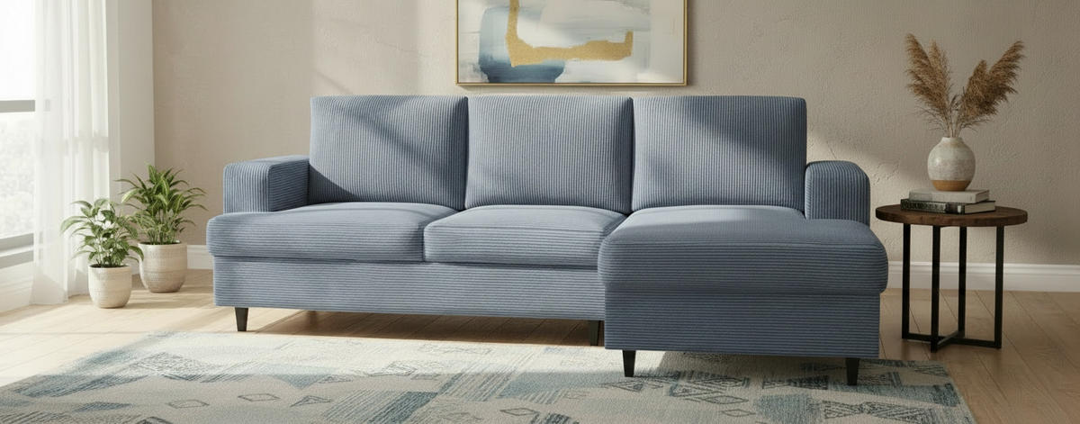 ECKSOFA Cord, Velours Blau  - Blau/Schwarz, Design, Holz/Textil (247/140cm) - MID.YOU