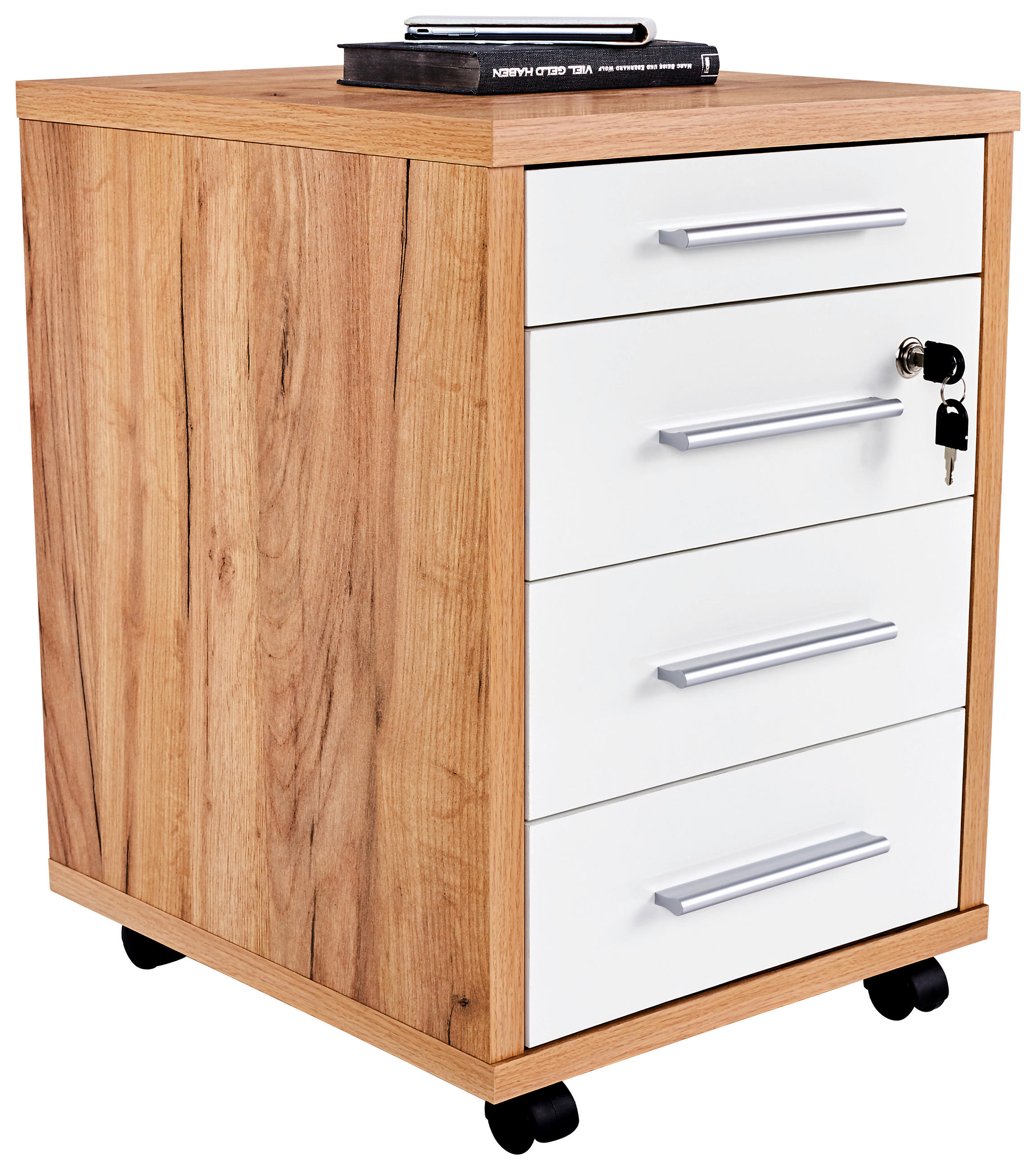 Rollcontainer Eiche Dekor/Weiß Abschließbar Profi 43x62x48 cm