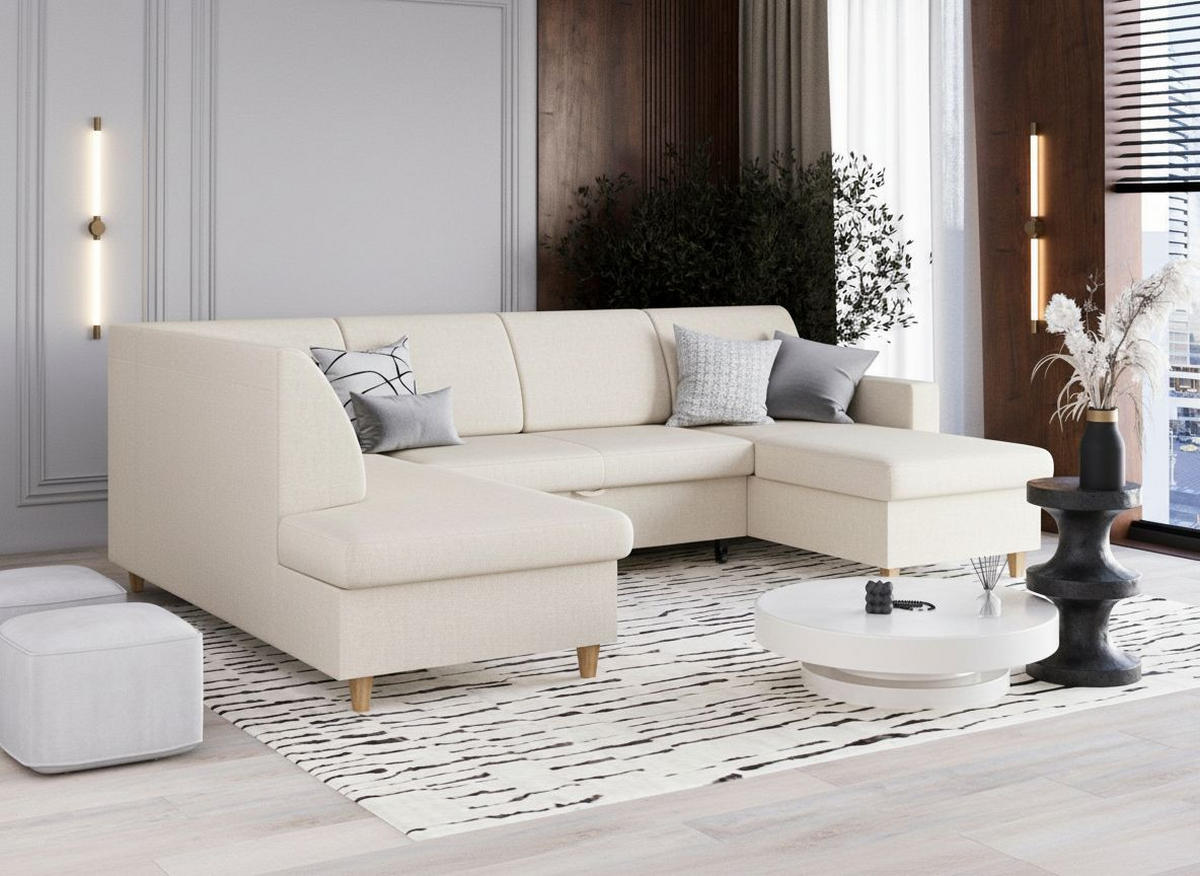 WOHNLANDSCHAFT NIKAS Creme Bouclé  - Buchefarben/Creme, Design, Holz/Textil (310/198/145cm) - MID.YOU