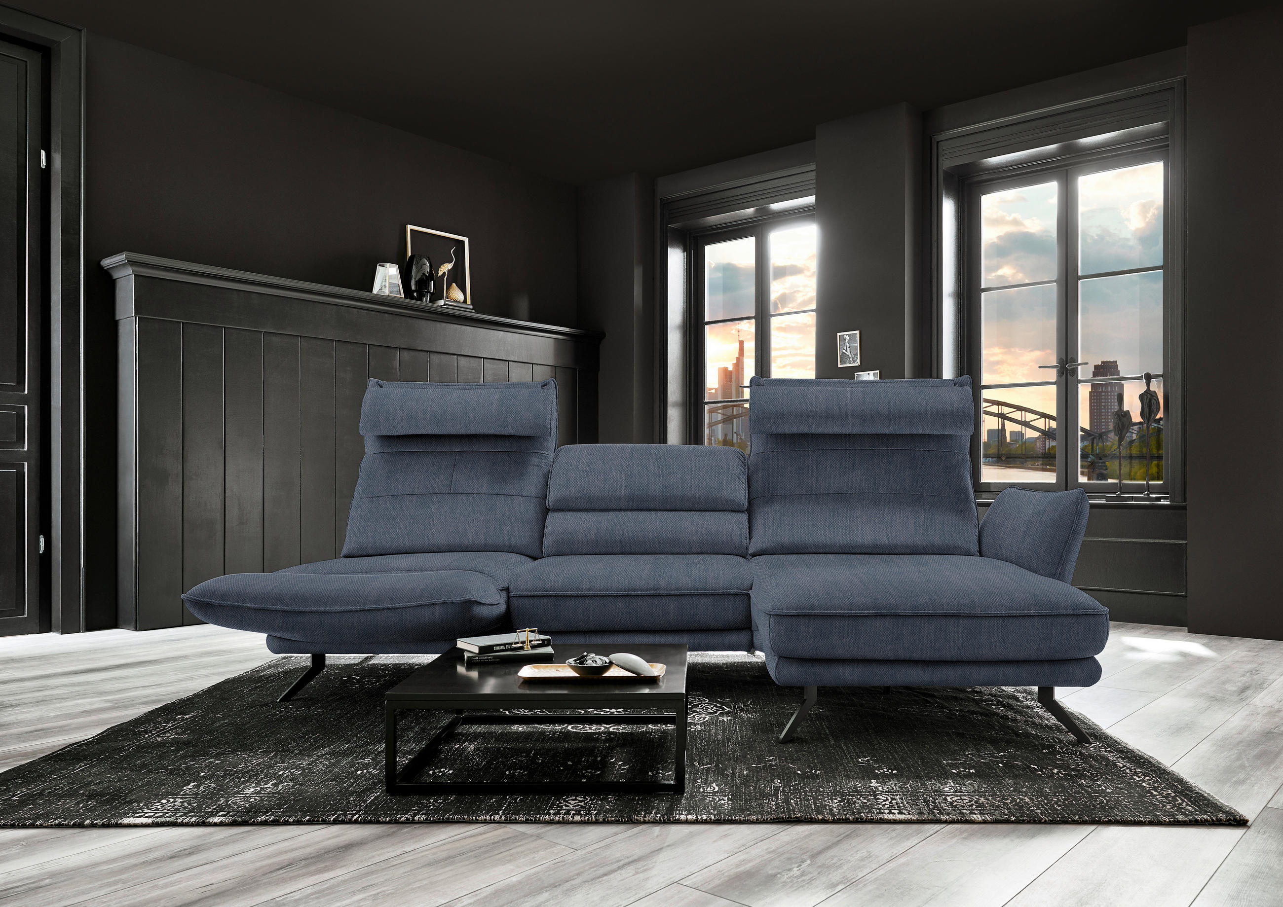 ECKSOFA in Velours Blau  - Blau/Schwarz, Design, Textil/Metall (283/153cm) - Valdera