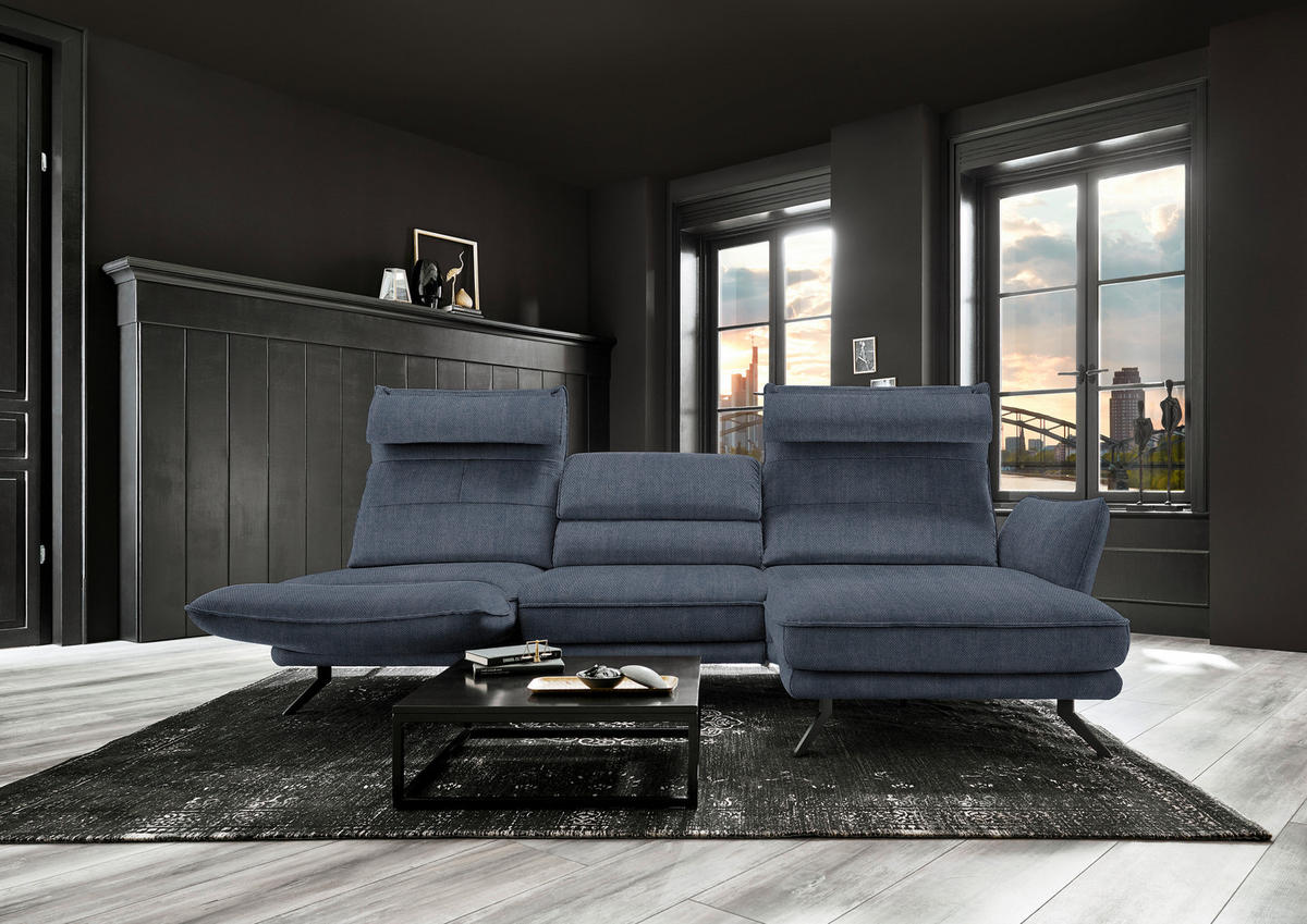 ECKSOFA in Velours Blau  - Blau/Schwarz, Design, Textil/Metall (283/153cm) - Valdera