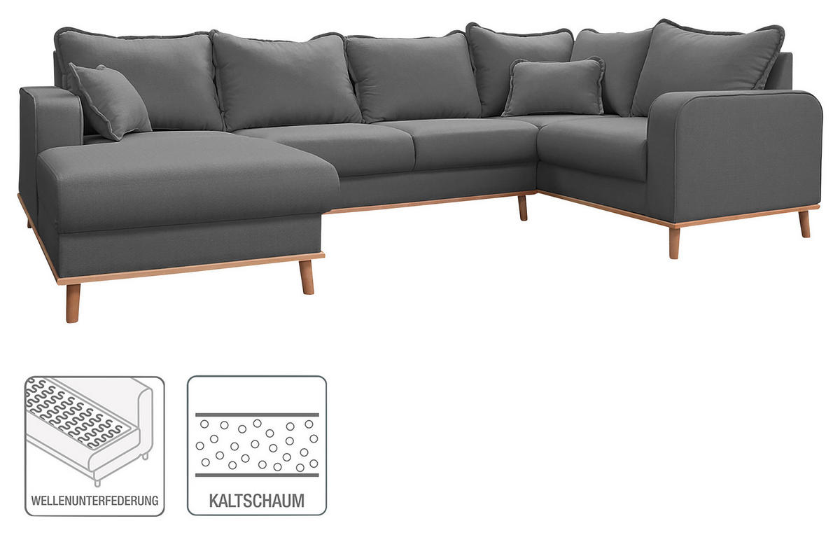 WOHNLANDSCHAFT Grau Textilgeflecht  - Wengefarben/Grau, Design, Holz/Textil (170/296/167cm) - Livetastic