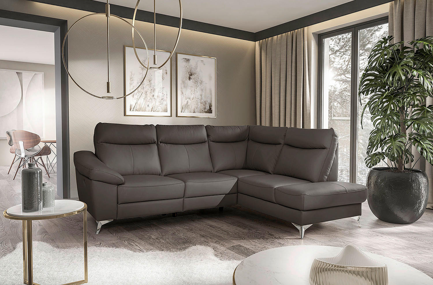 ECKSOFA Dunkelbraun Echtleder Lederlook  - Chromfarben/Dunkelbraun, Design, Leder/Textil (242/194cm) - Livetastic