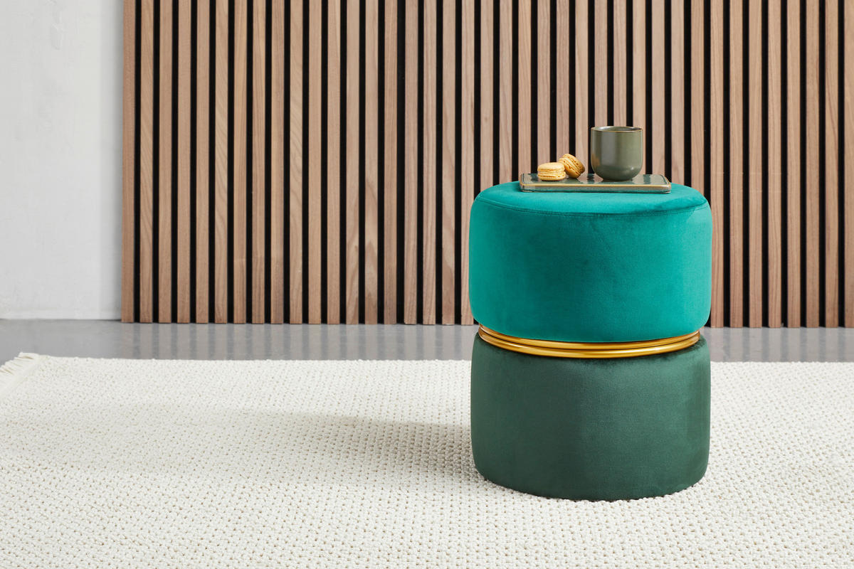 HOCKER Samt Grün, Goldfarben, Dunkelgrün  - Dunkelgrün/Goldfarben, Trend, Textil/Metall (34/42/34cm) - Xora