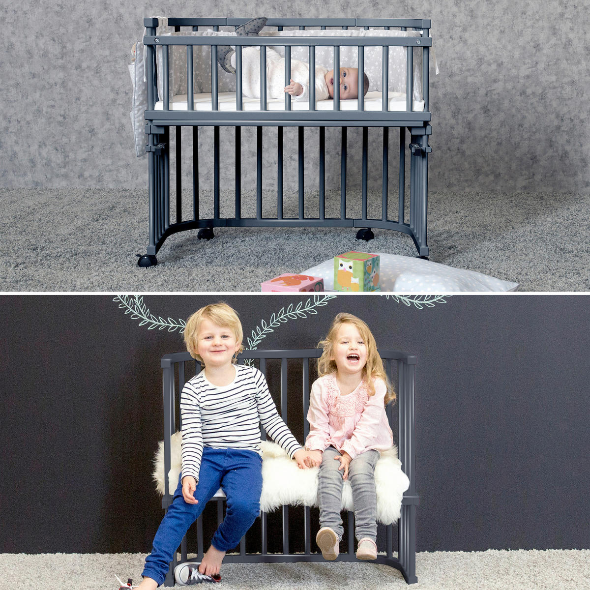 BEISTELLBETT Boxspring Comfort Plus  - Schieferfarben/Grau, Basics, Holz (56,5/96,5/96cm) - Babybay