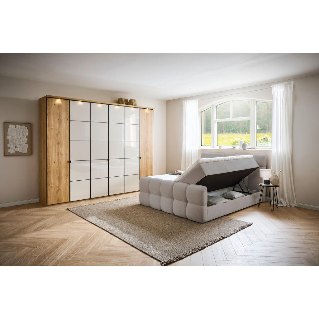 Thumbnail - Moderano Boxbett, Hellgrau, Textil, Tanne, Hartholz, H4, 5-Zonen, Höhe ca. 24 cm, 180x200 cm, gepolstertes Kopfteil, Top...