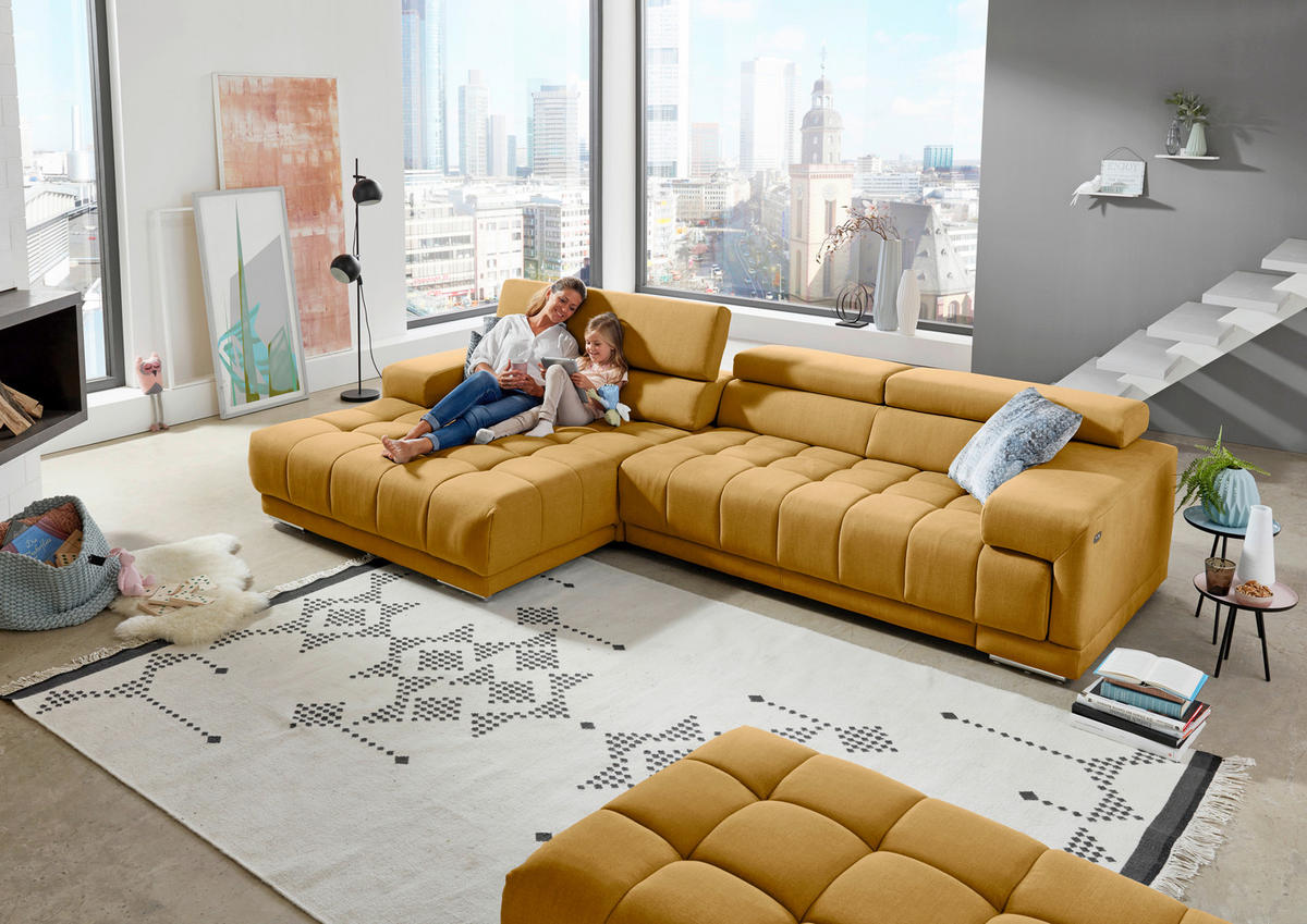 ECKSOFA in Mikrofaser Currygelb  - Currygelb/Silberfarben, Design, Textil/Metall (190/335cm) - Beldomo Speed
