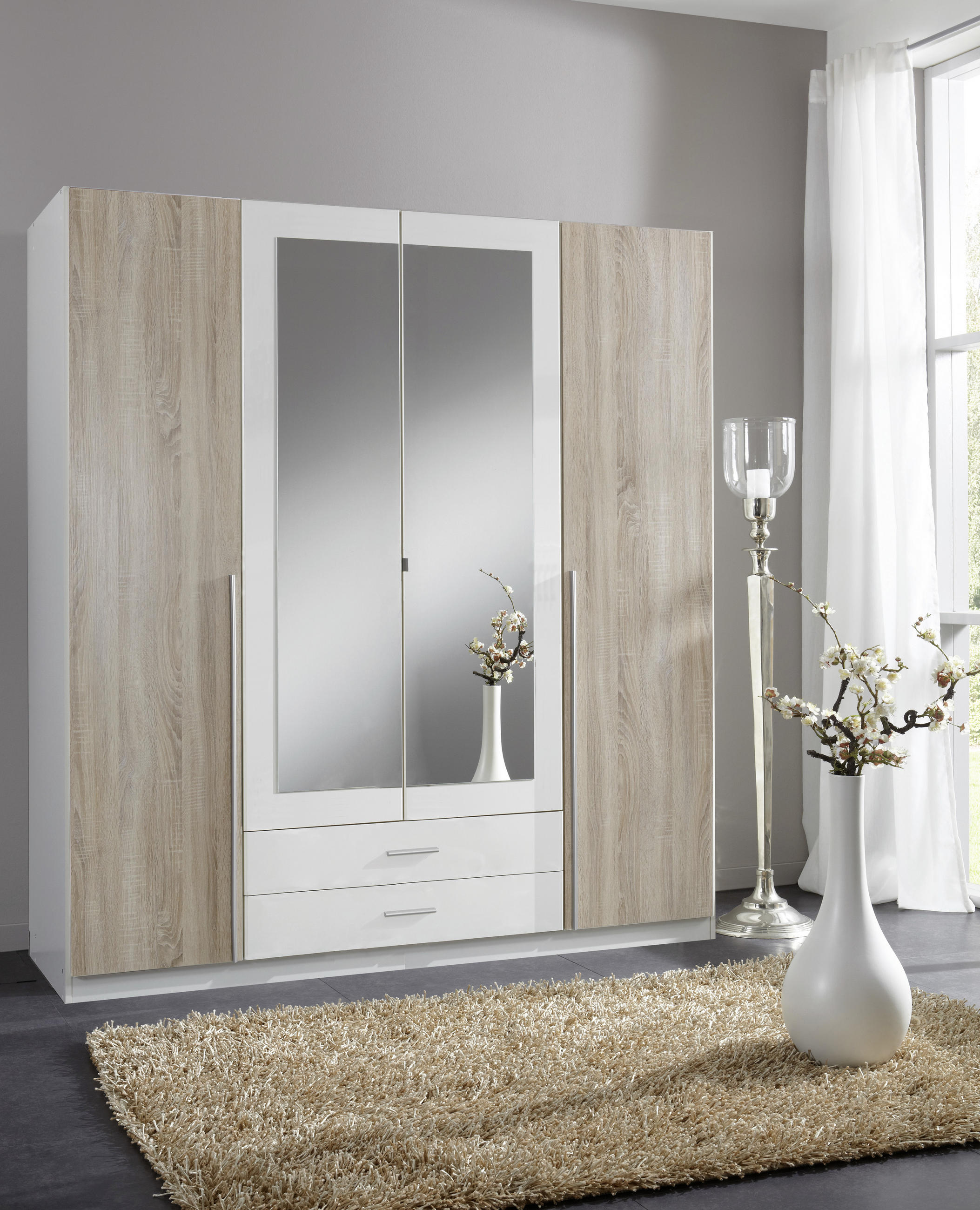 DREHTÜRENSCHRANK 180/197/58 cm 4-türig Weiß, Eichefarben  - Eichefarben/Alufarben, Design, Glas/Holzwerkstoff (180/197/58cm) - MID.YOU