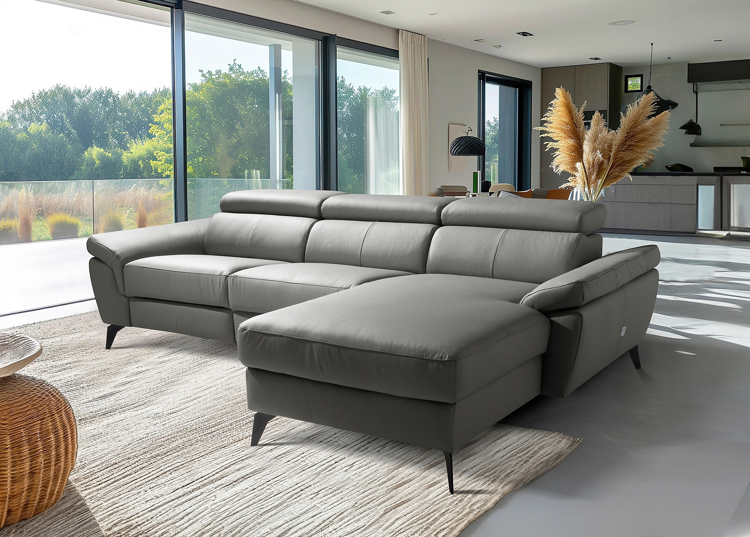 ECKSOFA SONO in Lederlook Echtleder Anthrazit Armteilverstellung, Kopfteilverstellung  252/179 cm  - Anthrazit/Schwarz, Design, Leder/Textil (252/179cm) - Livetastic