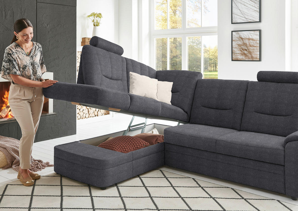 ECKSOFA Chenille Dunkelgrau  - Dunkelgrau/Schwarz, Konventionell, Kunststoff/Textil (185/235cm) - Beldomo Comfort