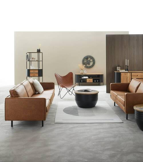 2,5-SITZER Kombination Echtleder/Stoff Mikrofaser Cognac  - Cognac/Schwarz, Design, Leder/Textil (190/85/86cm) - Ambia Home