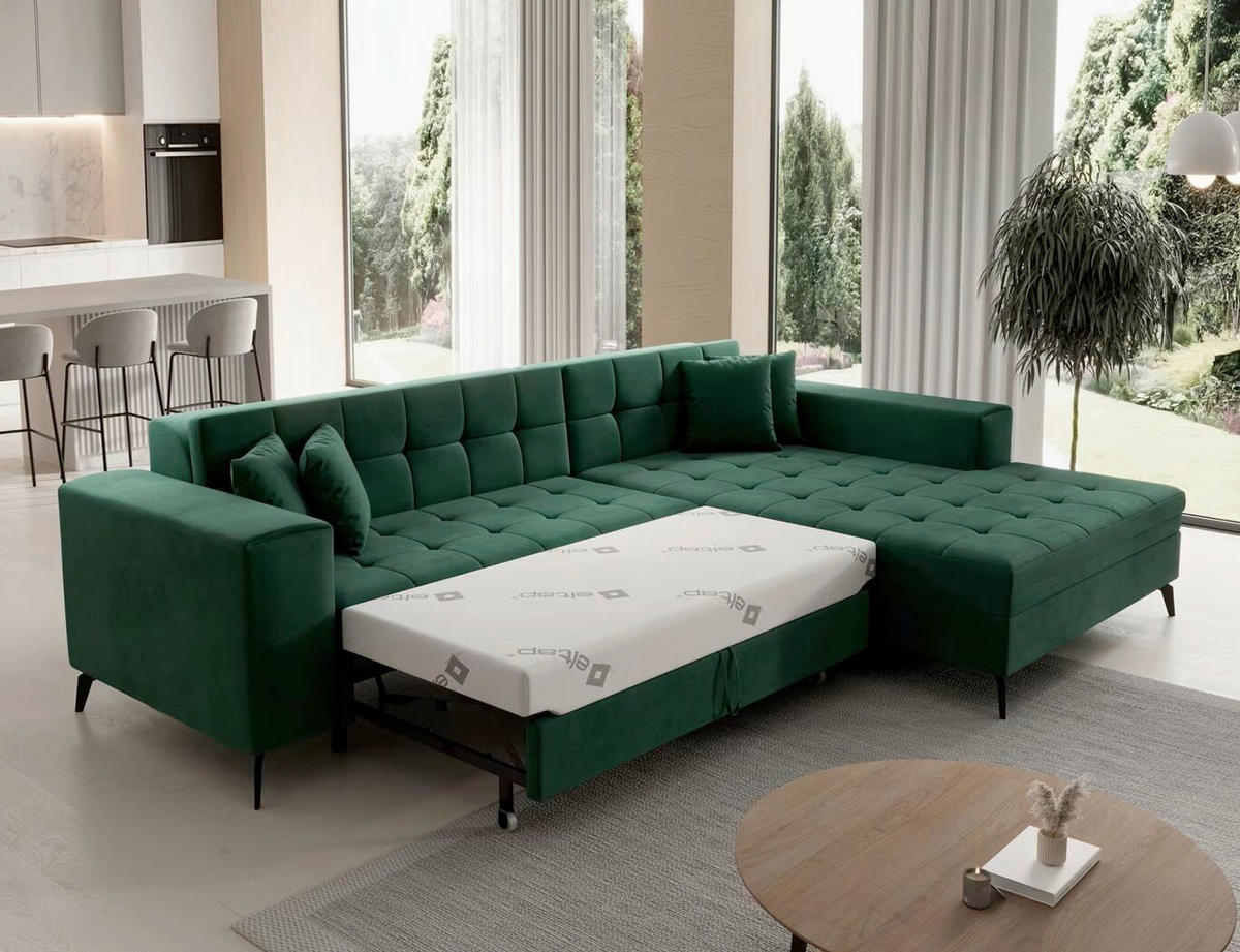 ECKSOFA in Samt Grün  292/196 cm  - Schwarz/Grün, Design, Textil/Metall (292/196cm) - MID.YOU