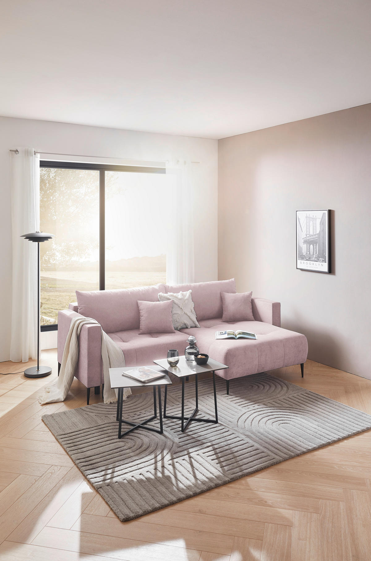 ECKSOFA in Velours Rosa  - Schwarz/Rosa, Konventionell, Textil/Metall (226/155cm) - Carryhome