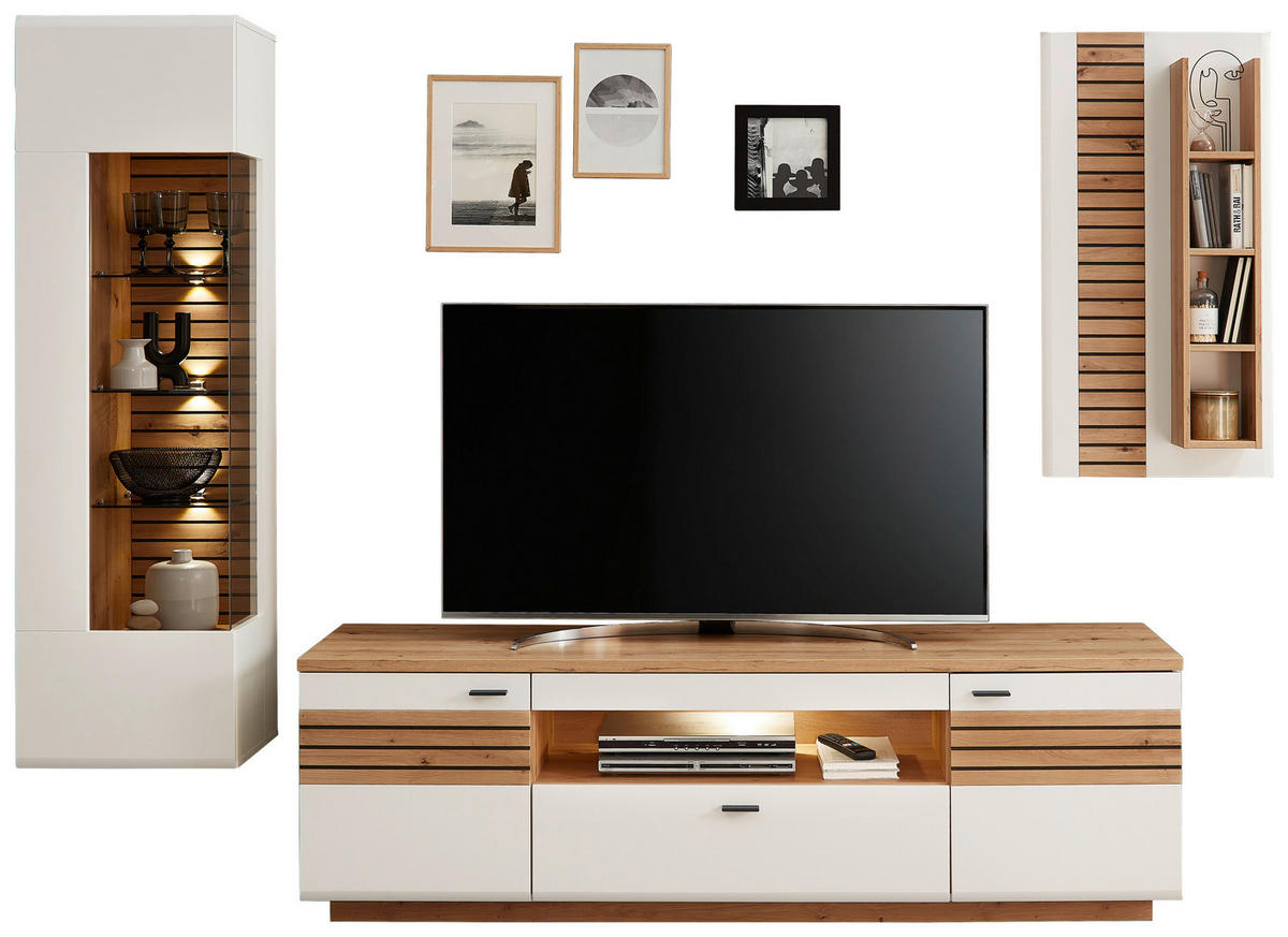 WOHNWAND  in Weiss, Eiche Artisan 285/195/47 cm  - Weiss/Anthrazit, Design, Glas/Holzwerkstoff (285/195/47cm) - Stylife