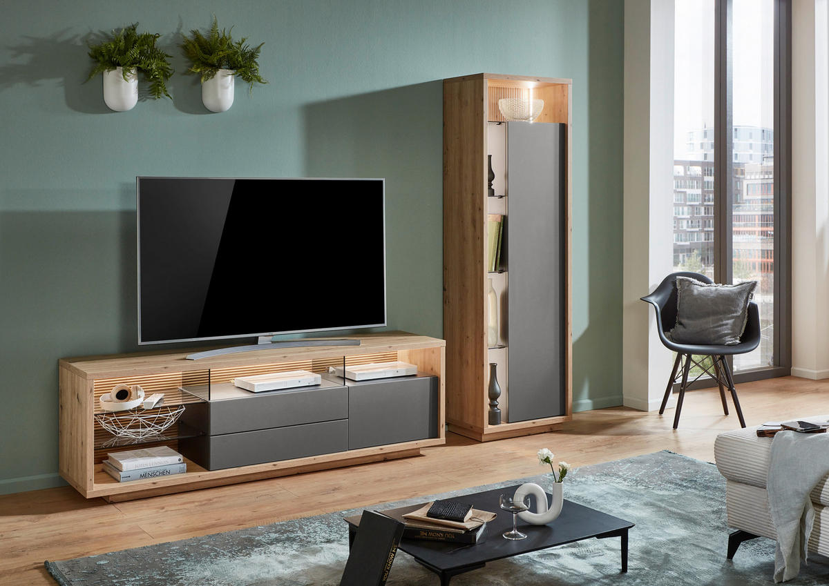 WOHNWAND  in Grau, Eiche Artisan 241/183,5/42 cm  - Eiche Artisan/Grau, Design, Glas/Holzwerkstoff (241/183,5/42cm) - Stylife