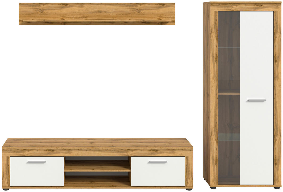 HYLLKOMBINATION 3 delar  i ek Wotan, vit  235/159/35 cm  - vit/ek Wotan, Design, trämaterial/glas (235/159/35cm) - MID.YOU