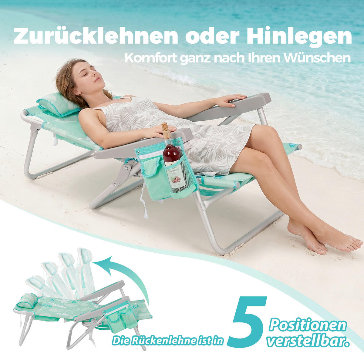 STRANDSTUHL Aluminium Alufarben, Mintgrün  - Alufarben/Mintgrün, Basics, Textil/Metall (61/62.5/83.5cm) - Modante