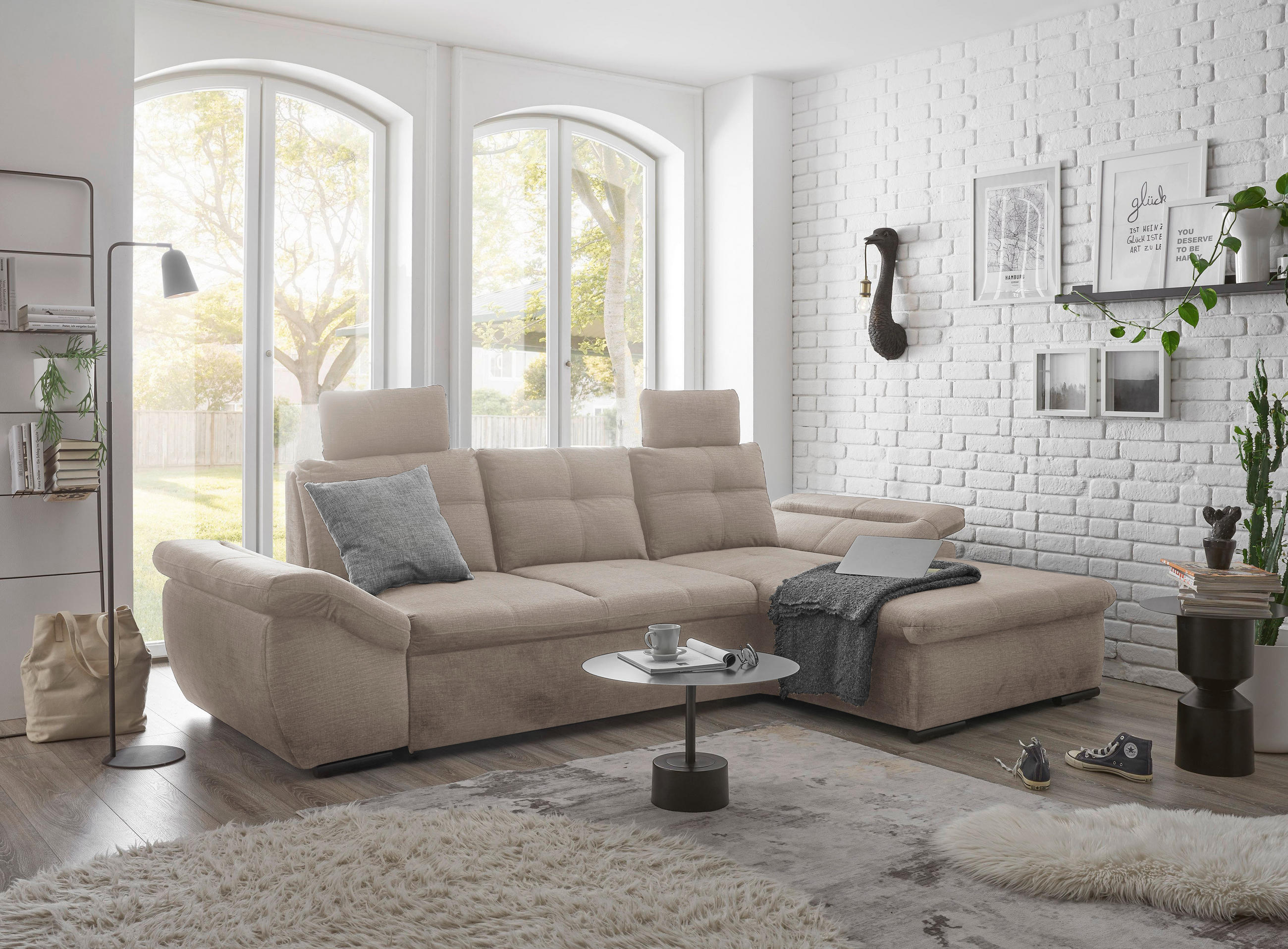 ECKSOFA in Mikrovelours Creme  - Creme/Schwarz, KONVENTIONELL, Kunststoff/Textil (275/170cm) - Carryhome