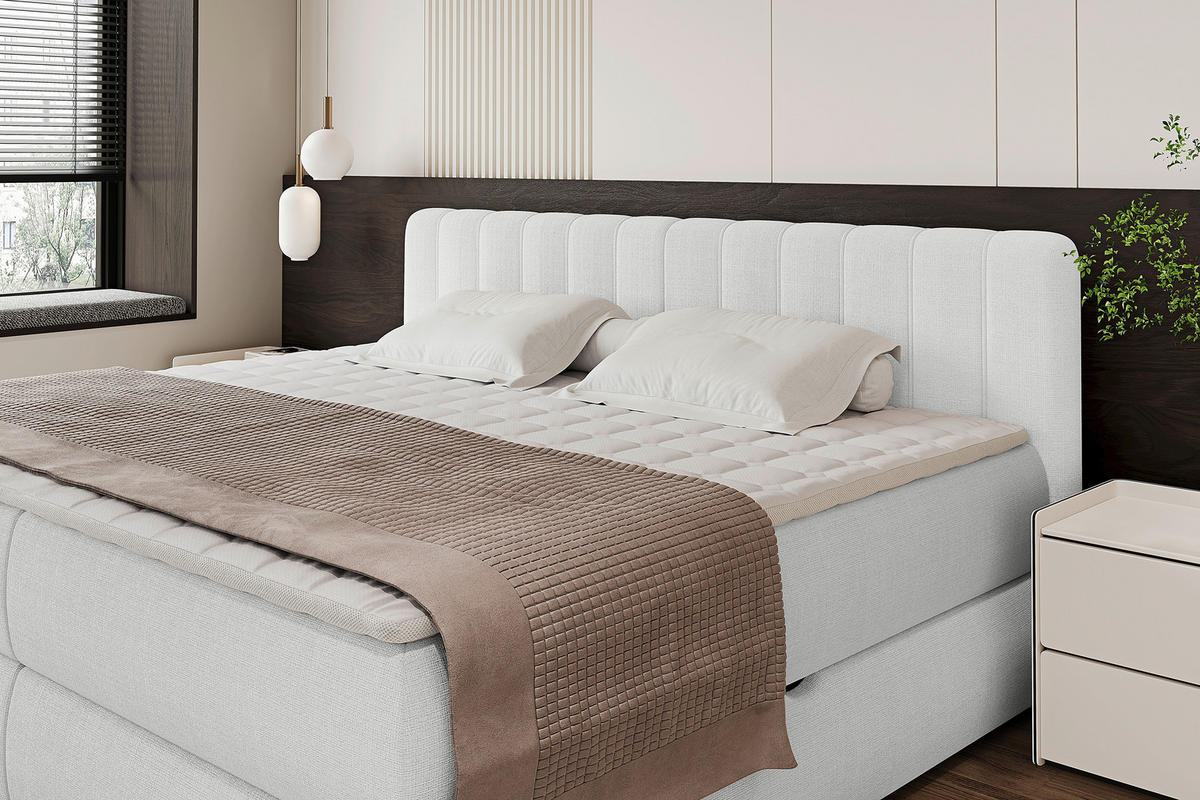 BOXSPRINGBETT 200/200 cm,  in Beige, gepolstertes Kopfteil, Bettkasten, Topper, Matratzen, H3 + H3 = fest  - Beige/Schwarz, Design, Kunststoff/Textil (200/200cm) - Chameo
