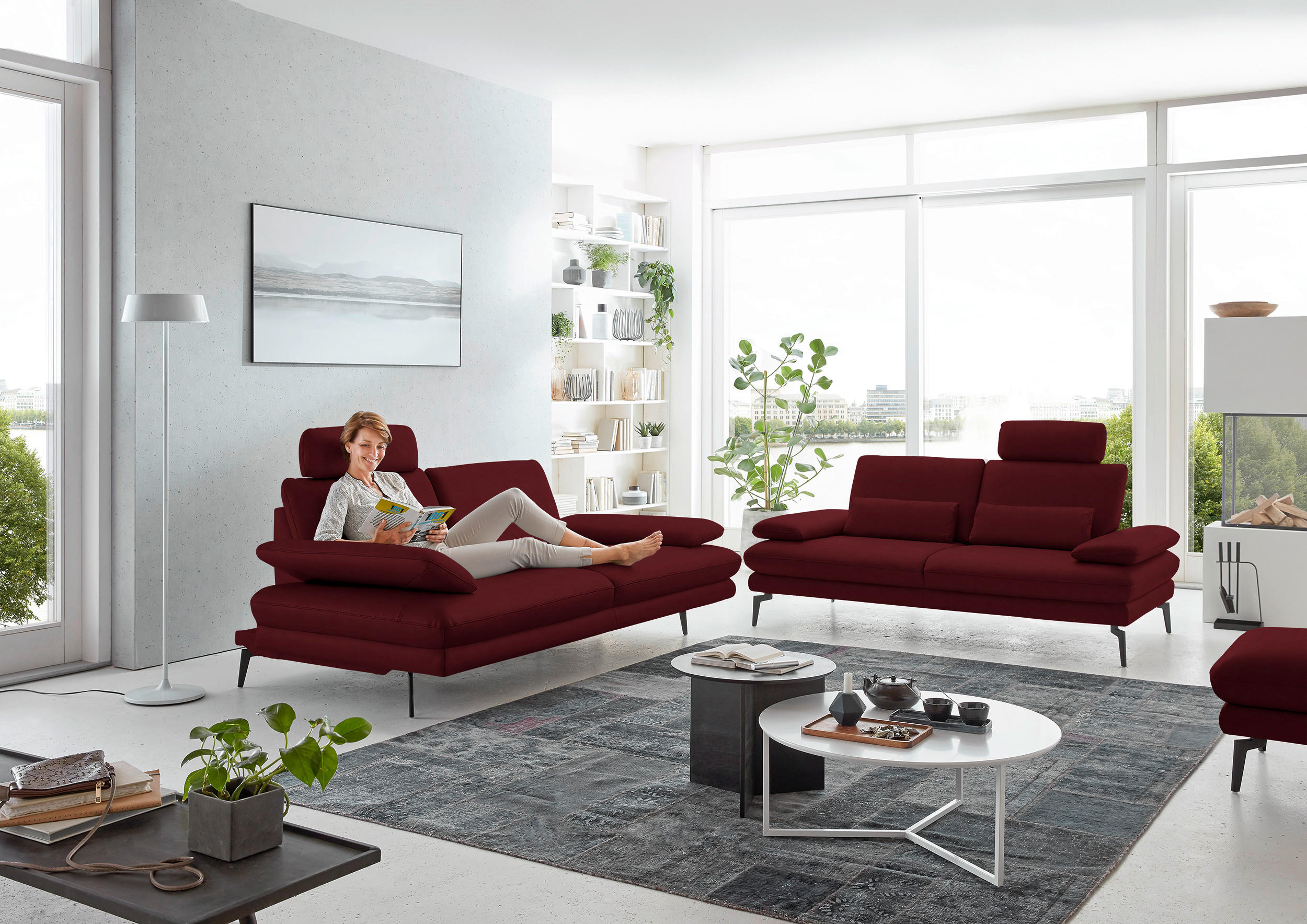 2,5-SITZER in Echtleder Dunkelrot  - Schwarz/Dunkelrot, Design, Leder/Metall (196/86/104cm) - Dieter Knoll