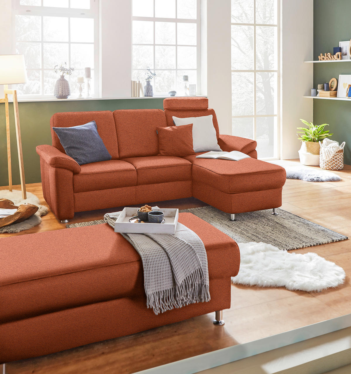 ECKSOFA  in Webstoff Terracotta  220/163 cm  - Chromfarben/Terracotta, KONVENTIONELL, Textil/Metall (220/163cm) - Beldomo System