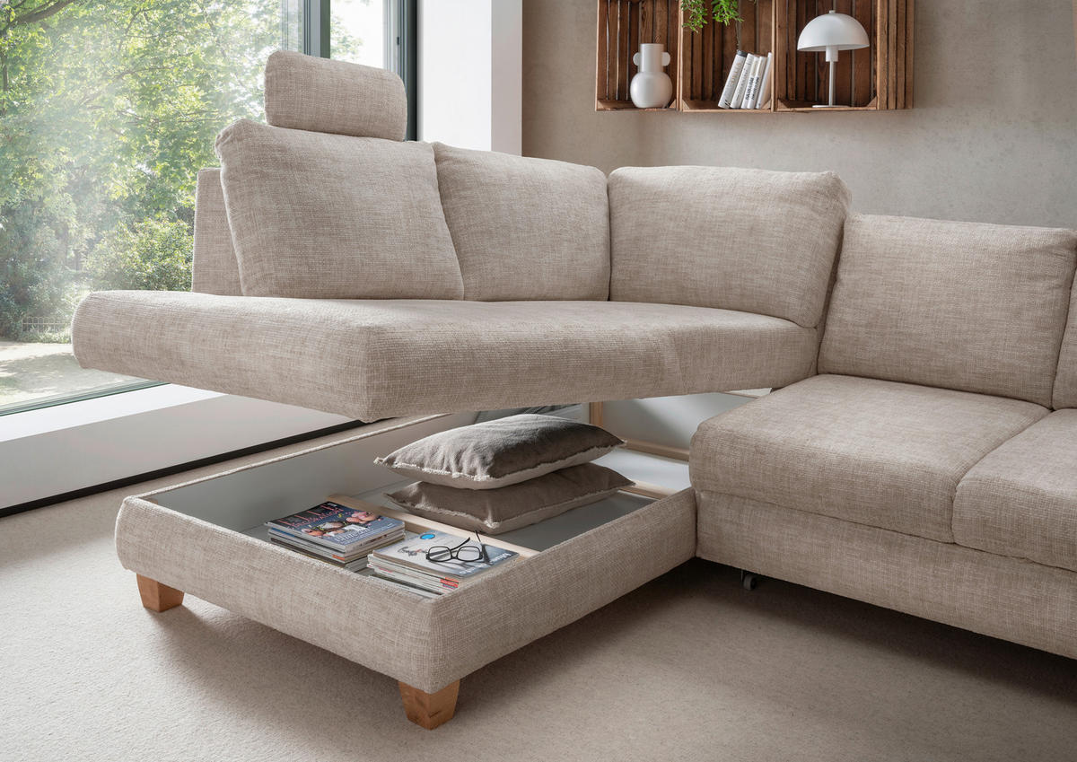 ECKSCHLAFSOFA in Struktur Creme  - Wildeiche/Creme, Modern, Holz/Textil (206/265cm) - Livetastic