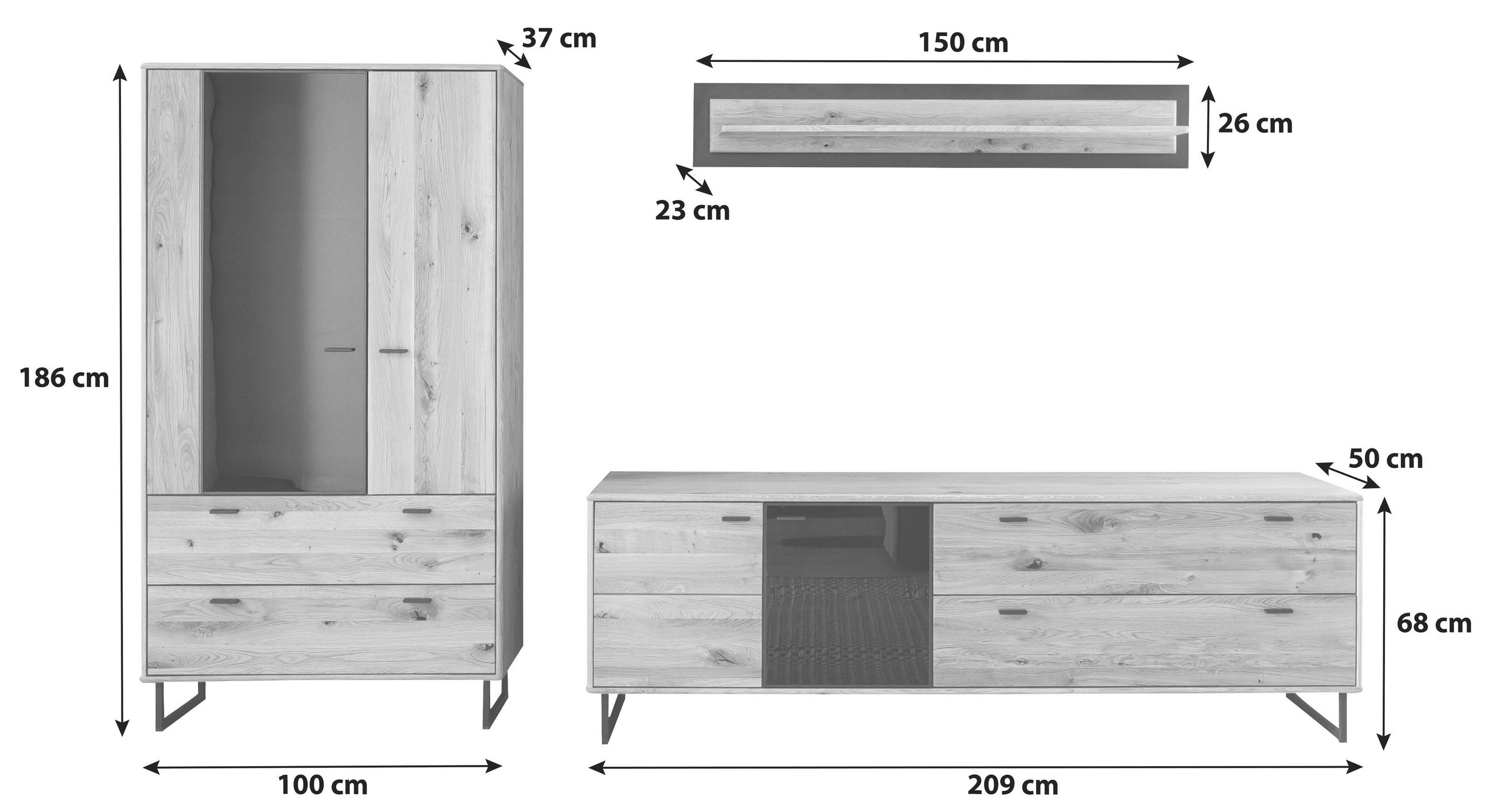 WOHNWAND  in Anthrazit, Wildeiche 319/186/50 cm  - Wildeiche/Anthrazit, Design, Glas/Holz (319/186/50cm) - MID.YOU