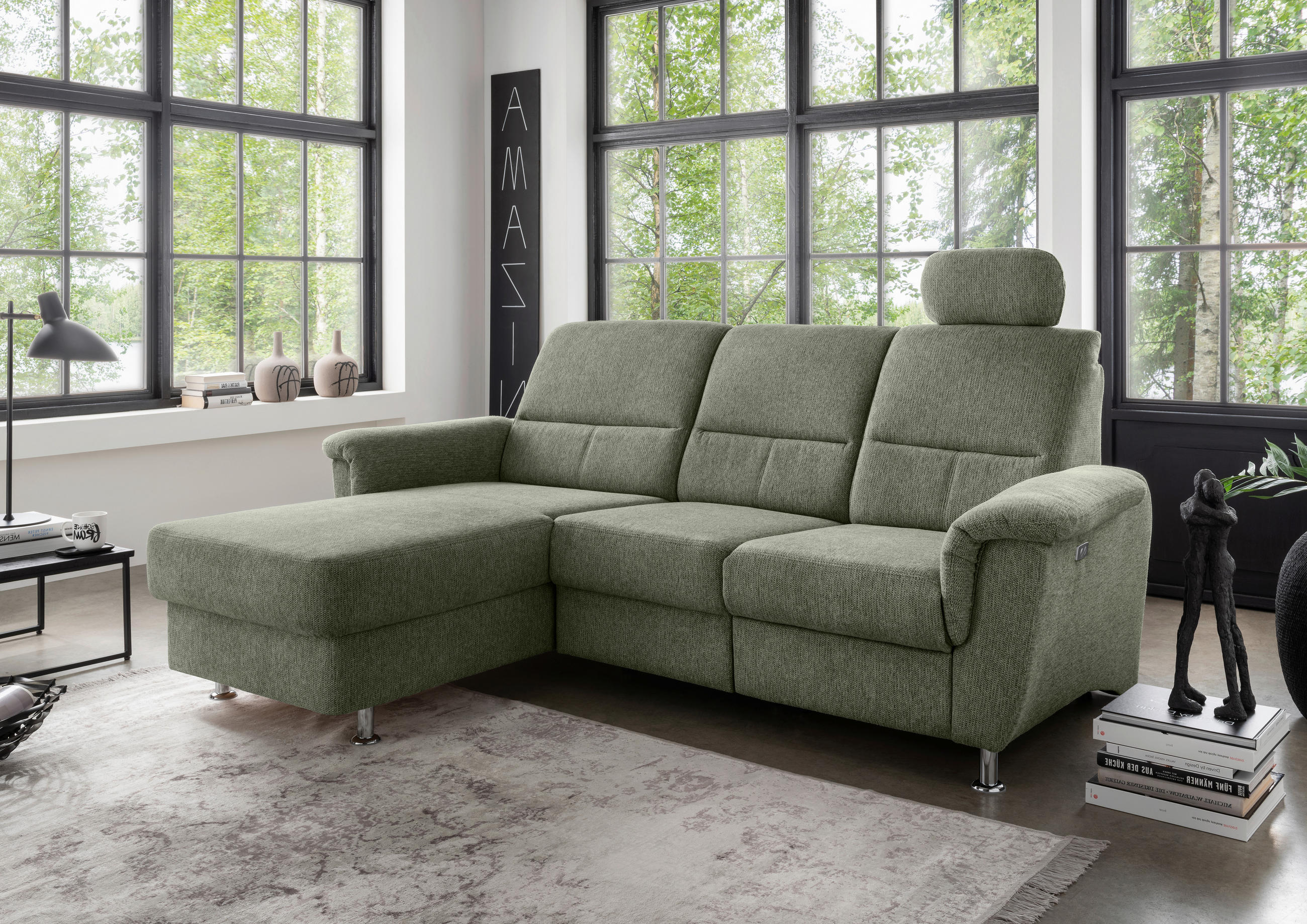 ECKSOFA Grün Chenille  - Chromfarben/Grün, MODERN, Textil/Metall (165/231cm) - Livetastic