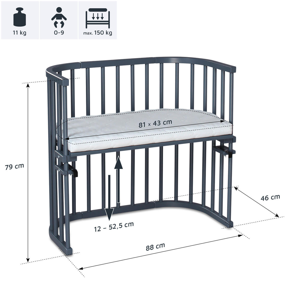 BEISTELLBETT 87/46/79 cm  - Grau, Basics, Holz (87/46/79cm) - Babybay