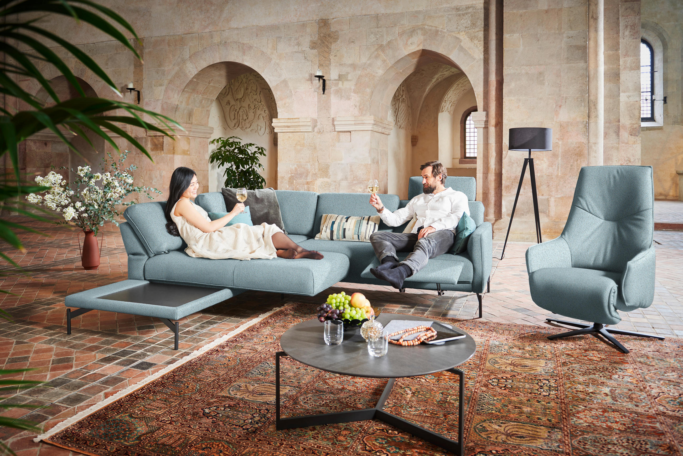 ECKSOFA in Flachgewebe, Struktur Hellblau  - Anthrazit/Hellblau, Design, Textil/Metall (230/254cm) - Johann Jakob