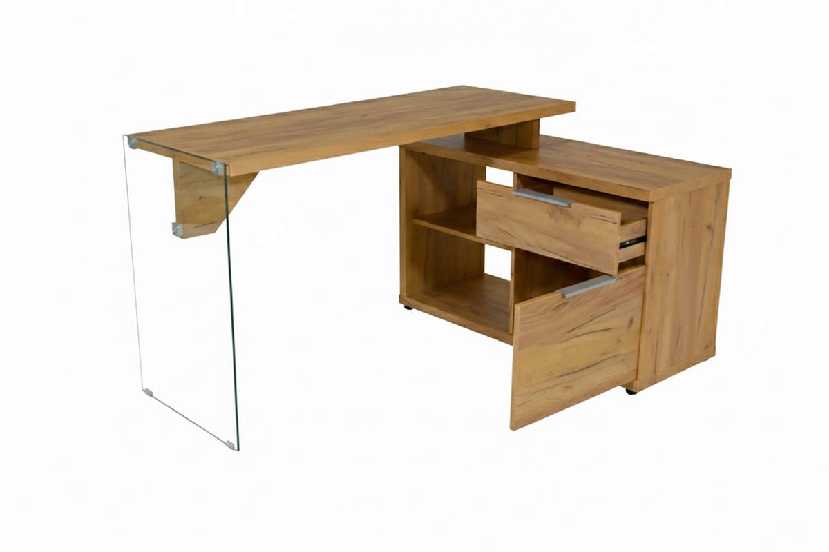 ECKSCHREIBTISCH 141,8/100/74 cm Eichefarben Stauraum, seitenverkehrt montierbar  - Eichefarben/Silberfarben, Design, Glas/Holzwerkstoff (141,8/100/74cm) - MID.YOU