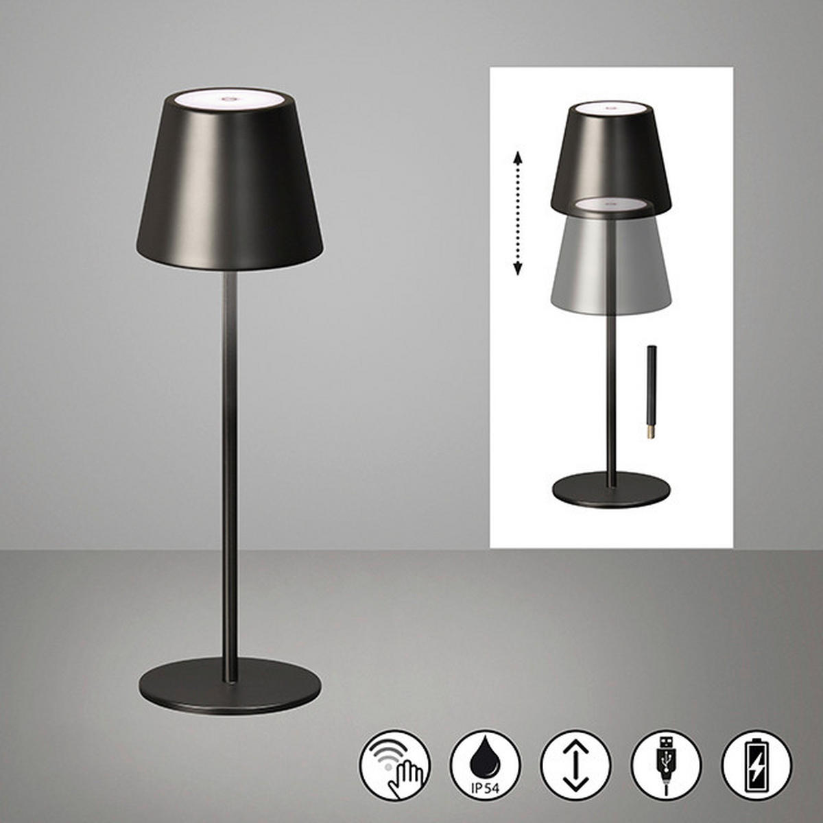 AKKU-TISCHLEUCHTE Viletto 11/28-36 cm  - Schwarz Hochglanz/Limette, KONVENTIONELL, Metall (11/28-36cm)