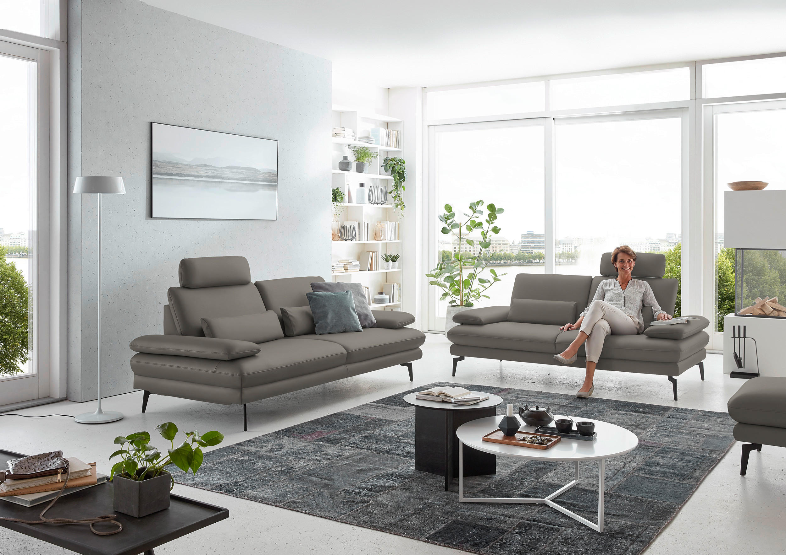 3-SITZER-SOFA in Echtleder Hellgrau  - Hellgrau/Schwarz, Design, Leder/Metall (222/86/104cm) - Dieter Knoll