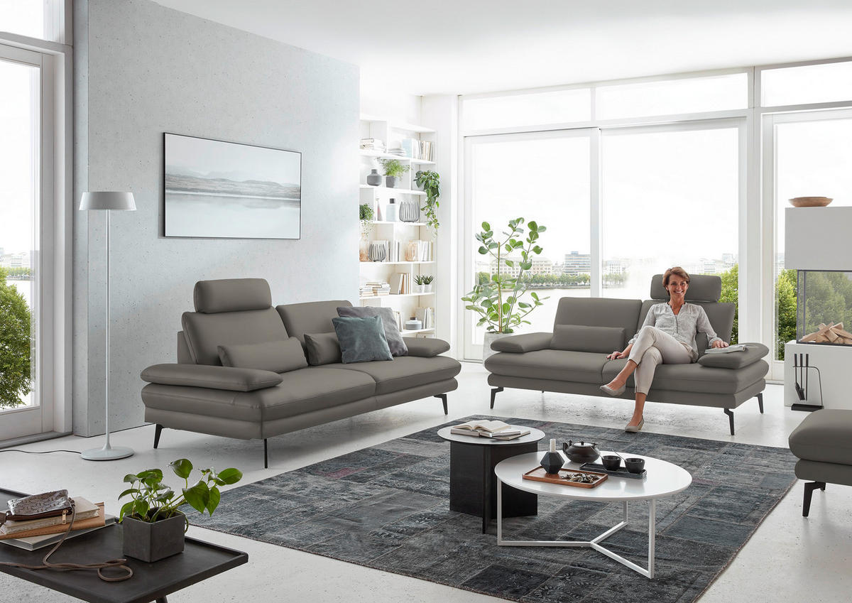 3-SITZER-SOFA in Echtleder Hellgrau  - Hellgrau/Schwarz, Design, Leder/Metall (222/86/104cm) - Dieter Knoll