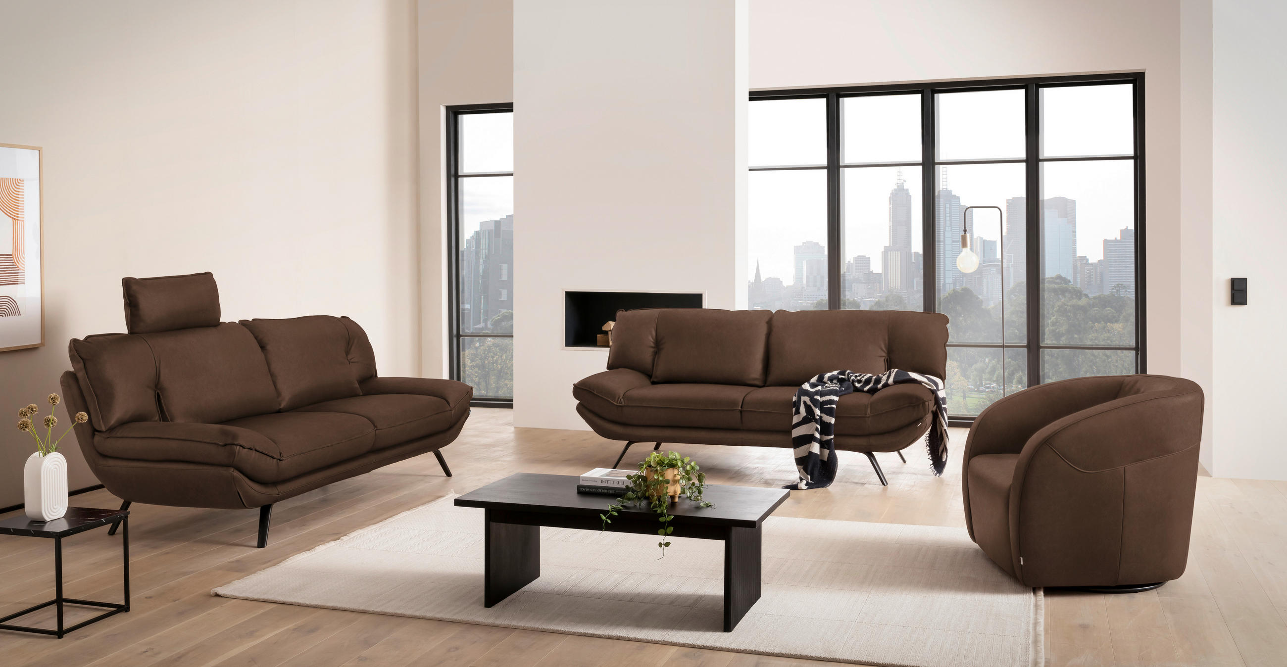 3-SITZER-SOFA in Leder Dunkelbraun  - Dunkelbraun/Schwarz, Design, Leder/Metall (226/95/95cm) - Celina